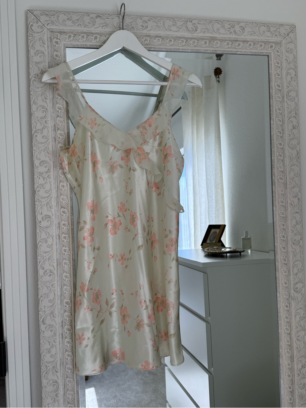 Morgan Taylor Cream Satin Floral Slip with Soft Pink Blooms